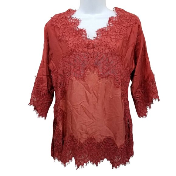 Anthro Moulinette Souers XS Shirt Top Blouse Orange Red Lace Lacy V Neck Feminin - Picture 2 of 8